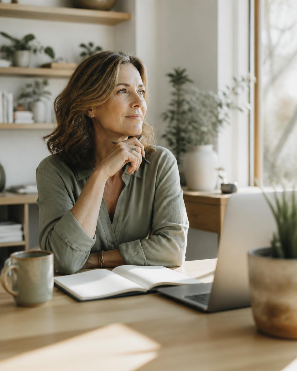 A woman in midlife pausing at her desk, thinking through what comes next